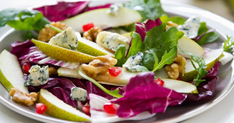 Pomegranate, Pear and Bitter Greens with Maytag Blue Cheese